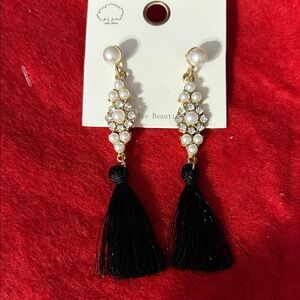 Elegant Pearl and Black Tassel Earrings